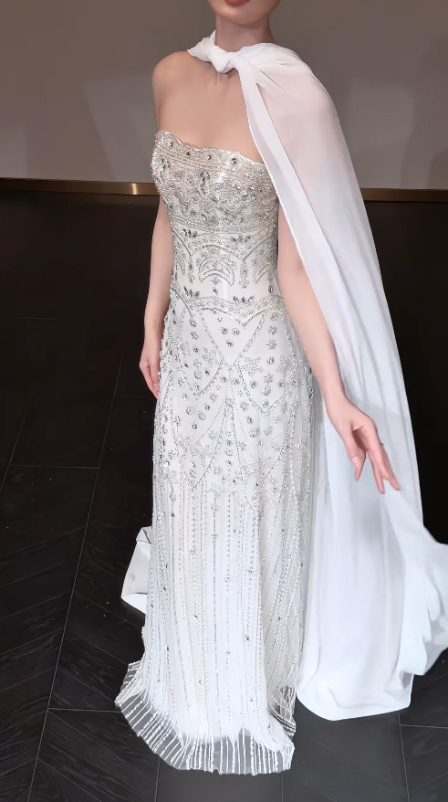 Elegant Sheath Chiffon Beaded Long Wedding Dress White Bridal Gown ED12227