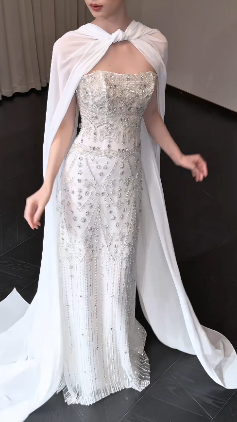 Elegant Sheath Chiffon Beaded Long Wedding Dress White Bridal Gown ED12227