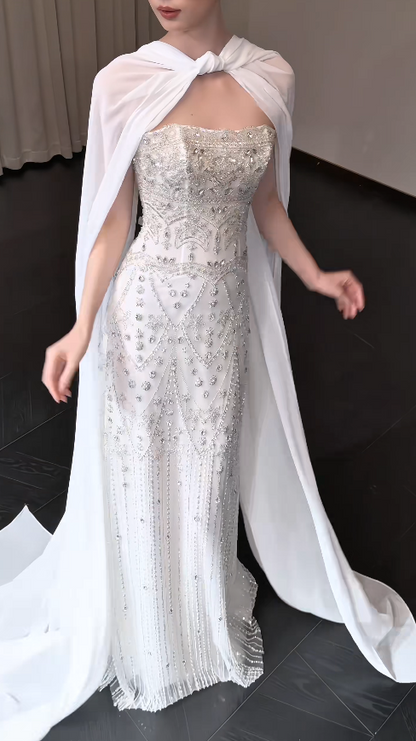 Elegant Sheath Chiffon Beaded Long Wedding Dress White Bridal Gown ED12227