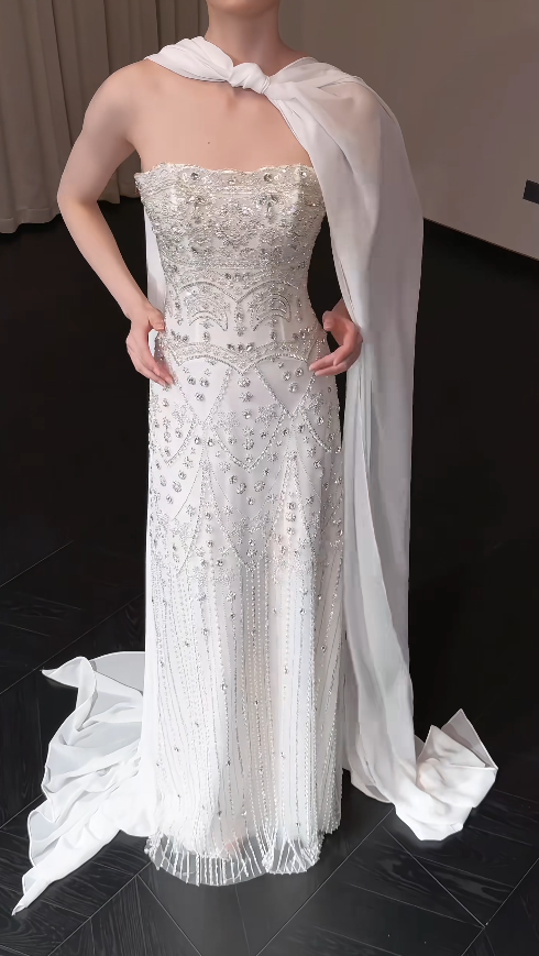 Elegant Sheath Chiffon Beaded Long Wedding Dress White Bridal Gown ED12227