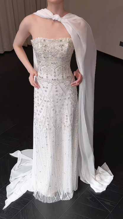 Elegant Sheath Chiffon Beaded Long Wedding Dress White Bridal Gown ED12227