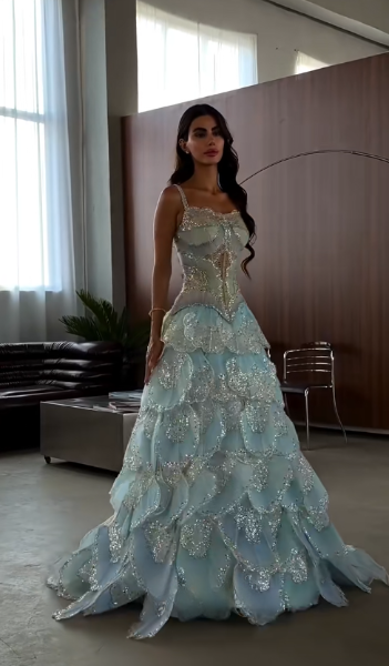 Gorgeous A-Line Tulle Beaded Long Evening Dress Blue Prom Dress ED12234