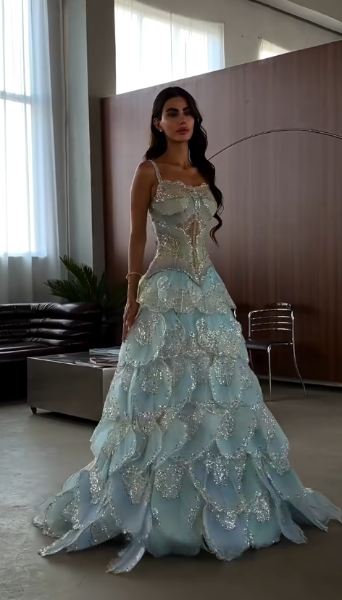 Gorgeous A-Line Tulle Beaded Long Evening Dress Blue Prom Dress ED12234
