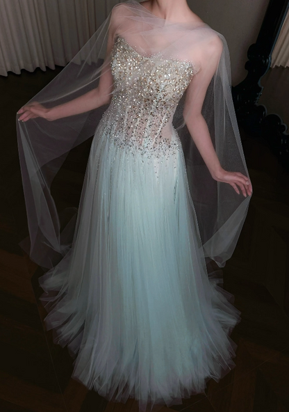 Gorgeous Sheath Tulle Long Evening Dress Blue Prom Dress ED12237