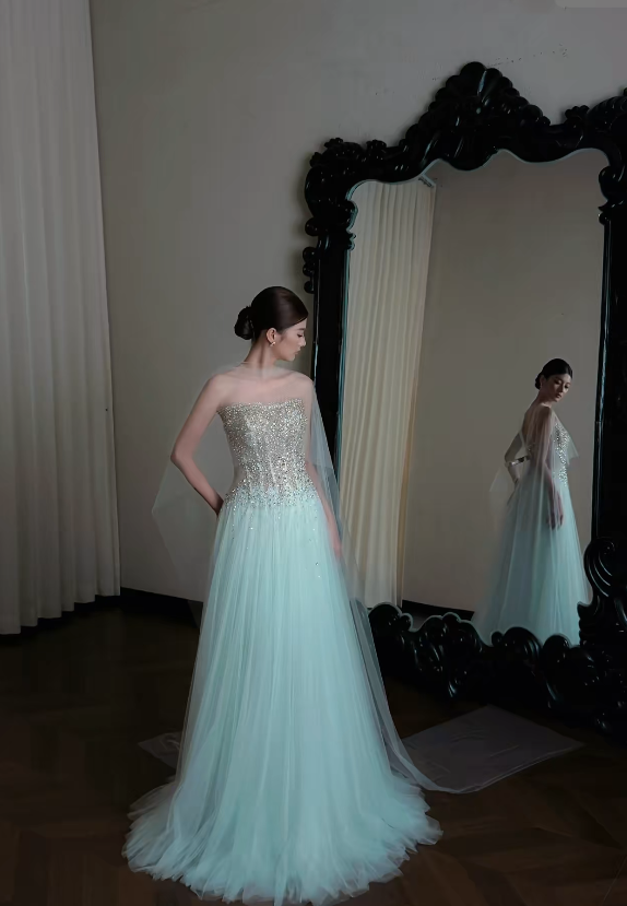 Gorgeous Sheath Tulle Long Evening Dress Blue Prom Dress ED12237