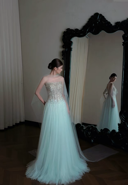 Gorgeous Sheath Tulle Long Evening Dress Blue Prom Dress ED12237