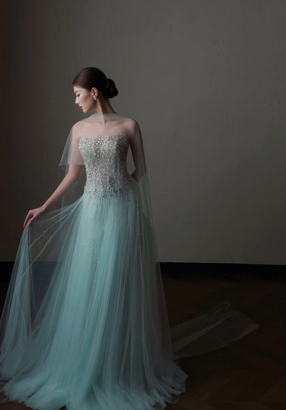 Gorgeous Sheath Tulle Long Evening Dress Blue Prom Dress ED12237
