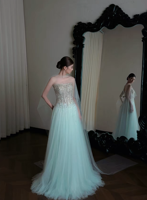 Gorgeous Sheath Tulle Long Evening Dress Blue Prom Dress ED12237