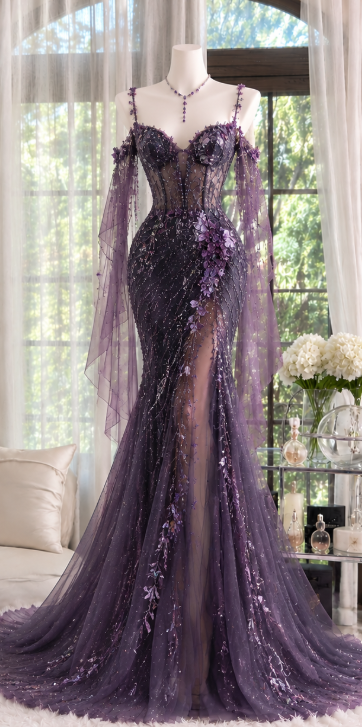 Gorgeous Sheath Chiffon Beaded Long Evening Dress Purple Prom Dress ED12239