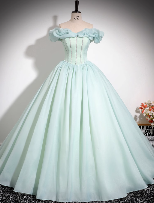 Robe de bal longue en organza vert menthe, coupe trapèze, épaules dénudées, ornée de perles, robe Sweet 16 ED01475