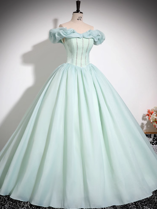 Robe de bal longue en organza vert menthe, coupe trapèze, épaules dénudées, ornée de perles, robe Sweet 16 ED01475