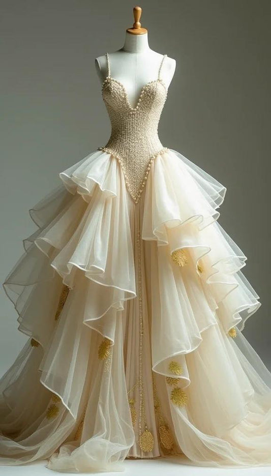 Sweet Apricot Spaghetti Straps A-Line Beaded Tulle Long Prom Dresses Classic Layered Ball Gown ED02003