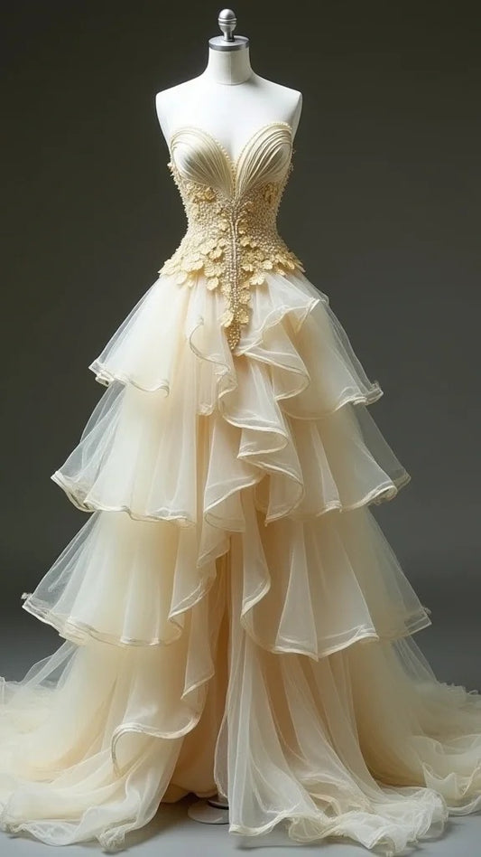 Gentle Apricot Sweetheart A-line Tulle Layered Ball Gown Evening Dresses with Lace Appliques