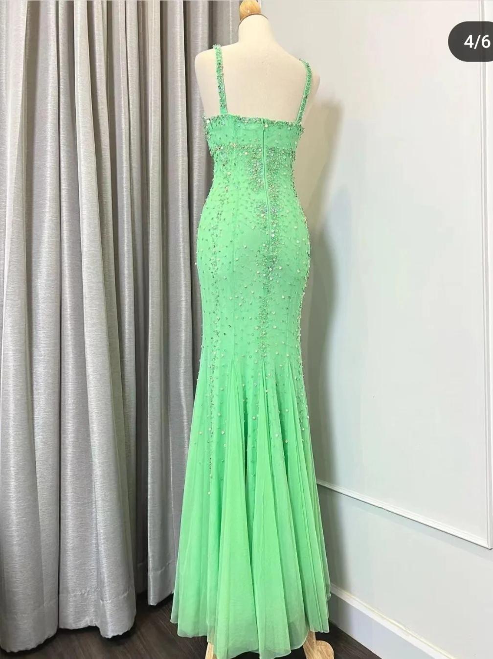 Robe de soirée élégante et longue, style sirène, en mousseline de soie, col en V, verte, ornée de perles, ED02091