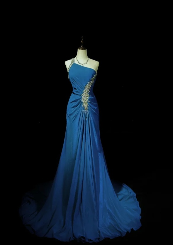 Chic One-shoulder Sheath Long Prom Dresses Rhinstones Chiffon Blue Evening Dresses Sleeveless Christmas Dresses  ED5621