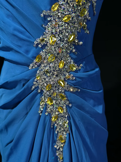 Chic One-shoulder Sheath Long Prom Dresses Rhinstones Chiffon Blue Evening Dresses Sleeveless Christmas Dresses  ED5621