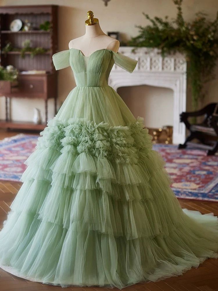 Robe de bal longue en tulle vert, coupe trapèze, épaules dénudées, décolleté en cœur, ED059