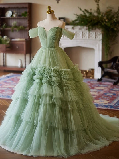 Robe de bal longue en tulle vert, coupe trapèze, épaules dénudées, décolleté en cœur, ED059