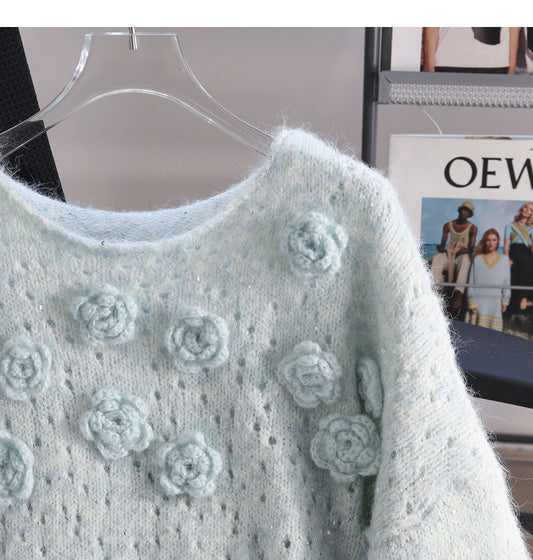 Blauer Strickpullover mit Pailletten und 3D-Blumen ED0919