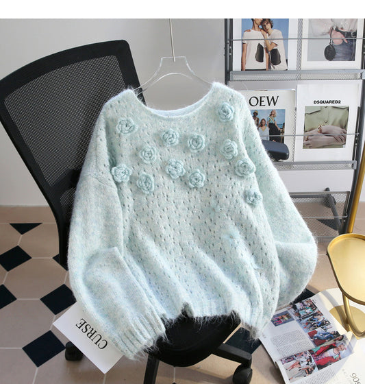 Blauer Strickpullover mit Pailletten und 3D-Blumen ED0919