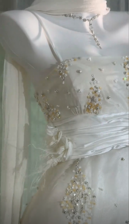 Robe de bal chic blanche à fines bretelles, coupe sirène en mousseline perlée, longue robe de soirée EF005
