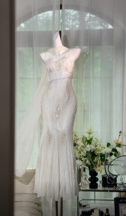 Chic White Prom Dress Spaghetti Straps Mermaid Chiffon Beaded Long Eve – EvaFashionDress