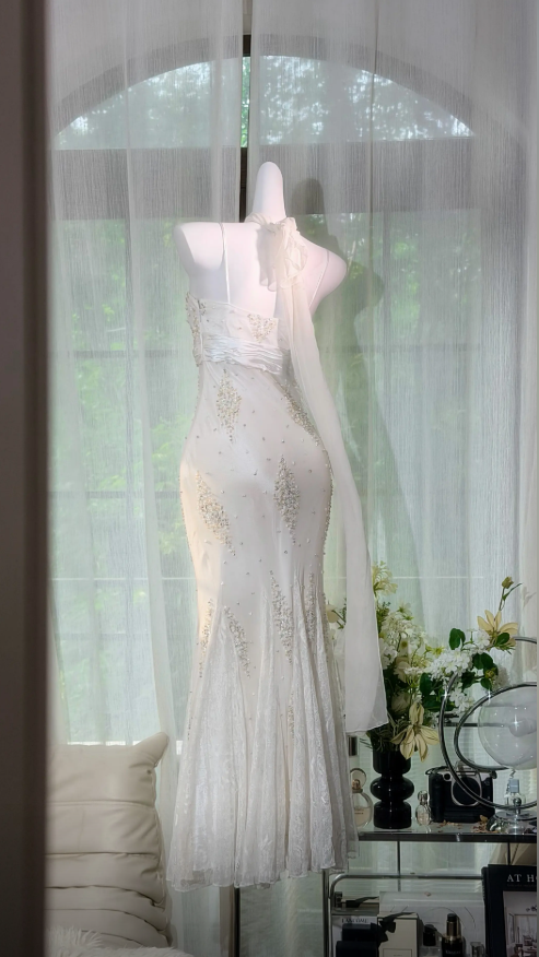 Robe de bal chic blanche à fines bretelles, coupe sirène en mousseline perlée, longue robe de soirée EF005