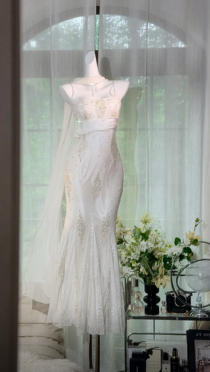 Robe de bal chic blanche à fines bretelles, coupe sirène en mousseline perlée, longue robe de soirée EF005
