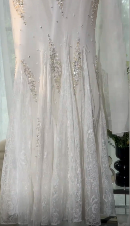 Robe de bal chic blanche à fines bretelles, coupe sirène en mousseline perlée, longue robe de soirée EF005