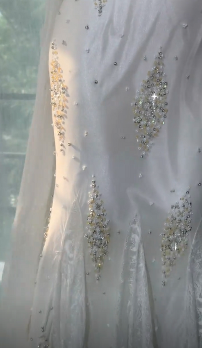 Robe de bal chic blanche à fines bretelles, coupe sirène en mousseline perlée, longue robe de soirée EF005