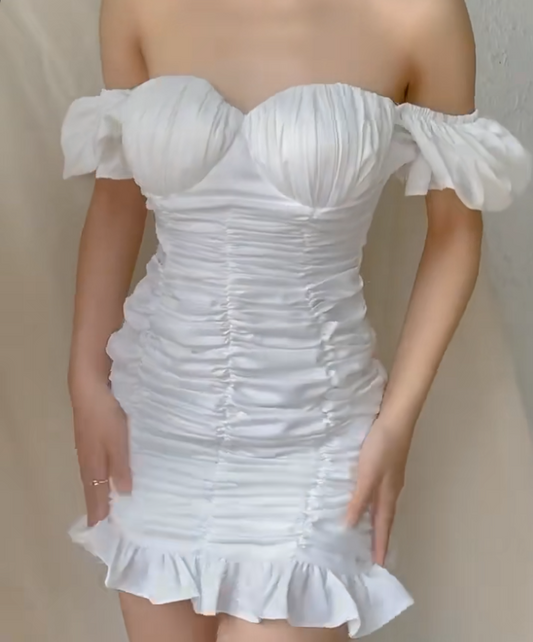 Sexy Off-the-shoulder Bodycon Pleated Short Birthday Dresses, White Homecoming Dresses EH04041