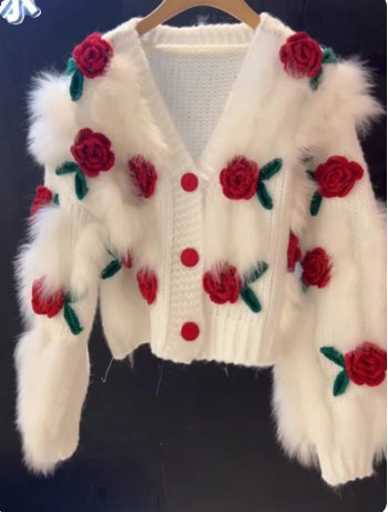 2026 New Elegant V-Neck 3D Floral Short Cardigan Sweater EP01436