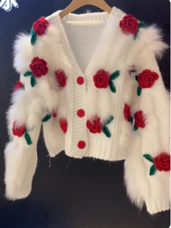 2026 New Elegant V-Neck 3D Floral Short Cardigan Sweater EP01436