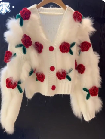 2026 New Elegant V-Neck 3D Floral Short Cardigan Sweater EP01436