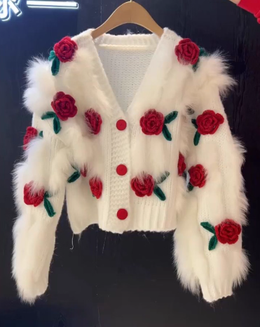 2026 New Elegant V-Neck 3D Floral Short Cardigan Sweater EP01436