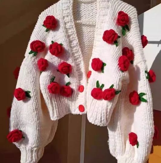 New chunky knit cardigan with 3D rose, French V-neck sweater Christmas outfits EP01438