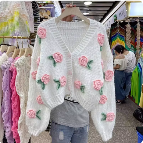 New chunky knit cardigan with 3D rose, French V-neck sweater Christmas outfits EP01438
