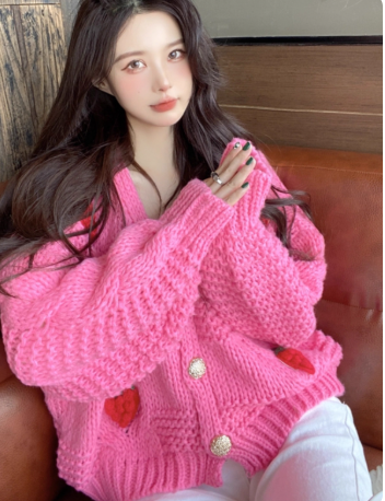 Lazy-style knitted cardigan with 3D strawberries for women EP01439