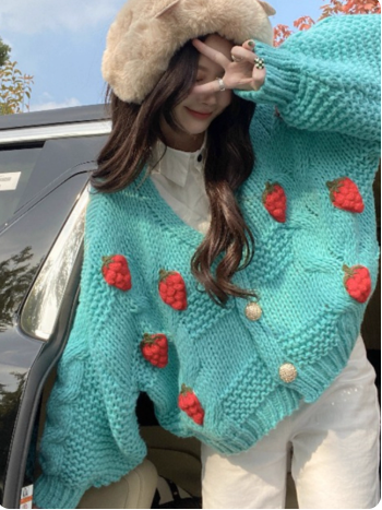 Lazy-style knitted cardigan with 3D strawberries for women EP01439