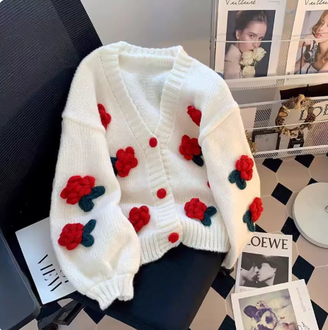 Korean style knitted cardigan with 3D rose design for women EP01440