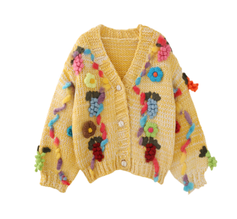 Yellow handmade chunky knit 3D crochet V-neck cardigan jacket EP01441