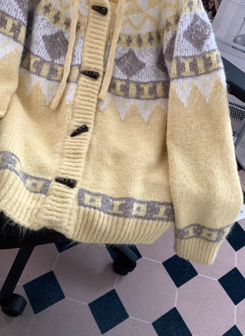 Yellow Fair Isle knit sweater with horn buttons, hooded vintage knit cardigan EP01442