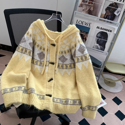 Yellow Fair Isle knit sweater with horn buttons, hooded vintage knit cardigan EP01442