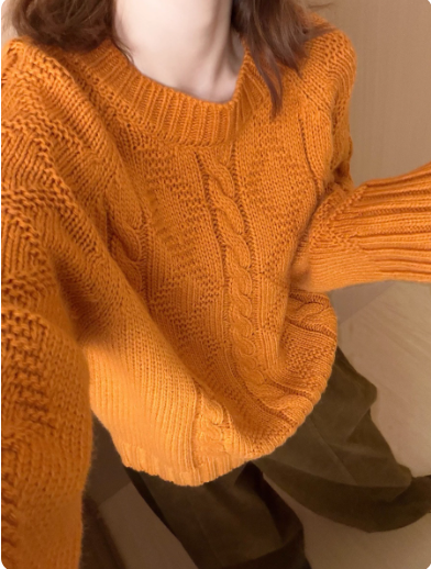 Korean Retro Cable Knit Round Neck Orange Pullover Sweater for Women EP01444
