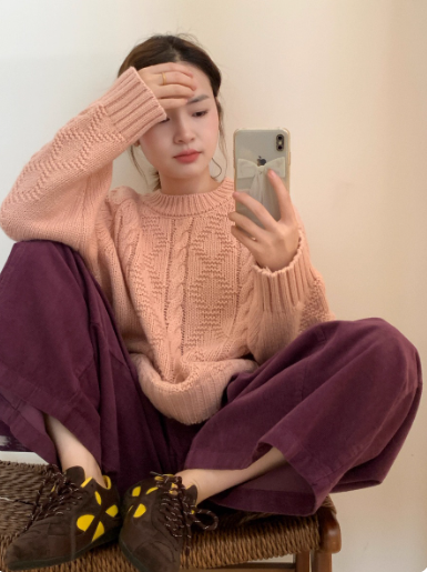 Korean Retro Cable Knit Round Neck Orange Pullover Sweater for Women EP01444