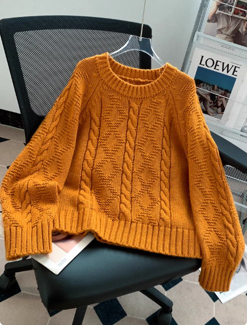 Korean Retro Cable Knit Round Neck Orange Pullover Sweater for Women EP01444