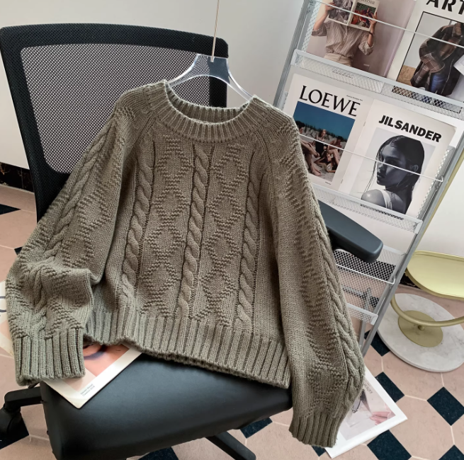 Korean Retro Cable Knit Round Neck Orange Pullover Sweater for Women EP01444