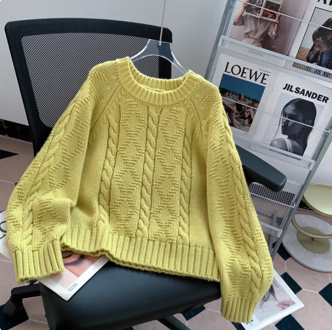 Korean Retro Cable Knit Round Neck Orange Pullover Sweater for Women EP01444