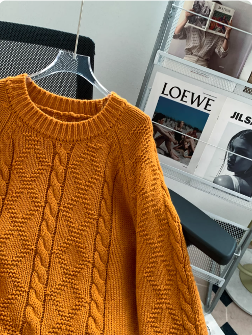 Korean Retro Cable Knit Round Neck Orange Pullover Sweater for Women EP01444