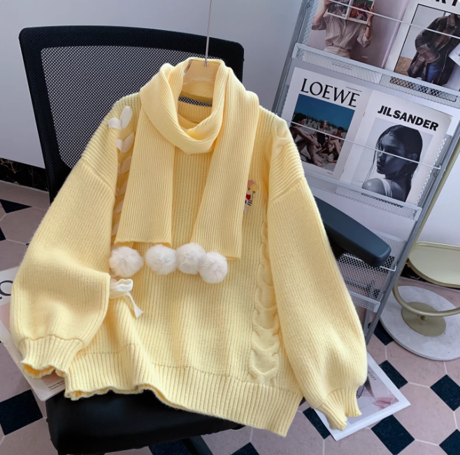 Cute yellow crew neck sweater, Christmas cardigan with scarf EP01446